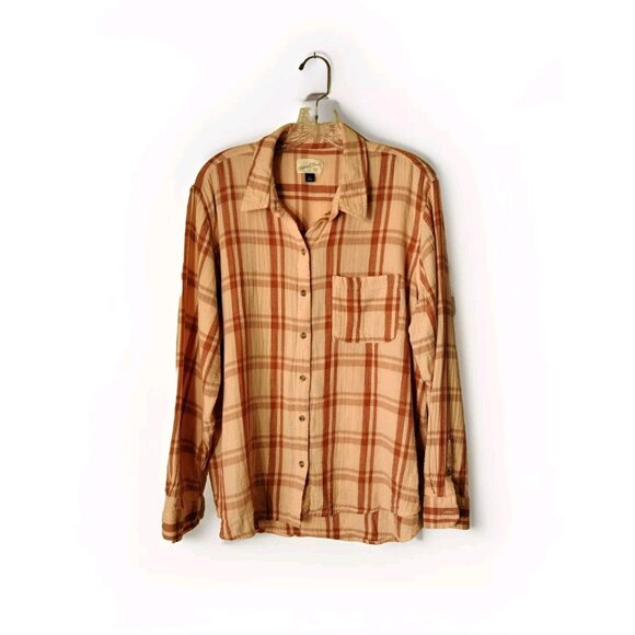Universal Thread Top XL Plaid Button Up Pocket Long Sleeve Salmon Pink - Picture 1 of 11